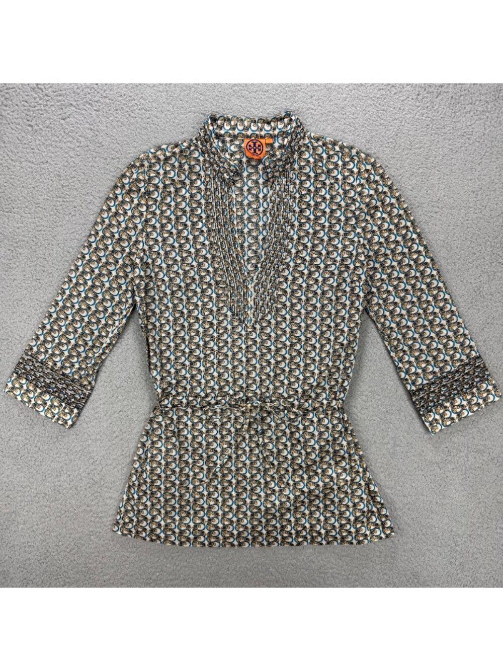 Tory Burch Top Womens 6 Beige Tunic Elephant Print Long Sleeve Blouse Shirt